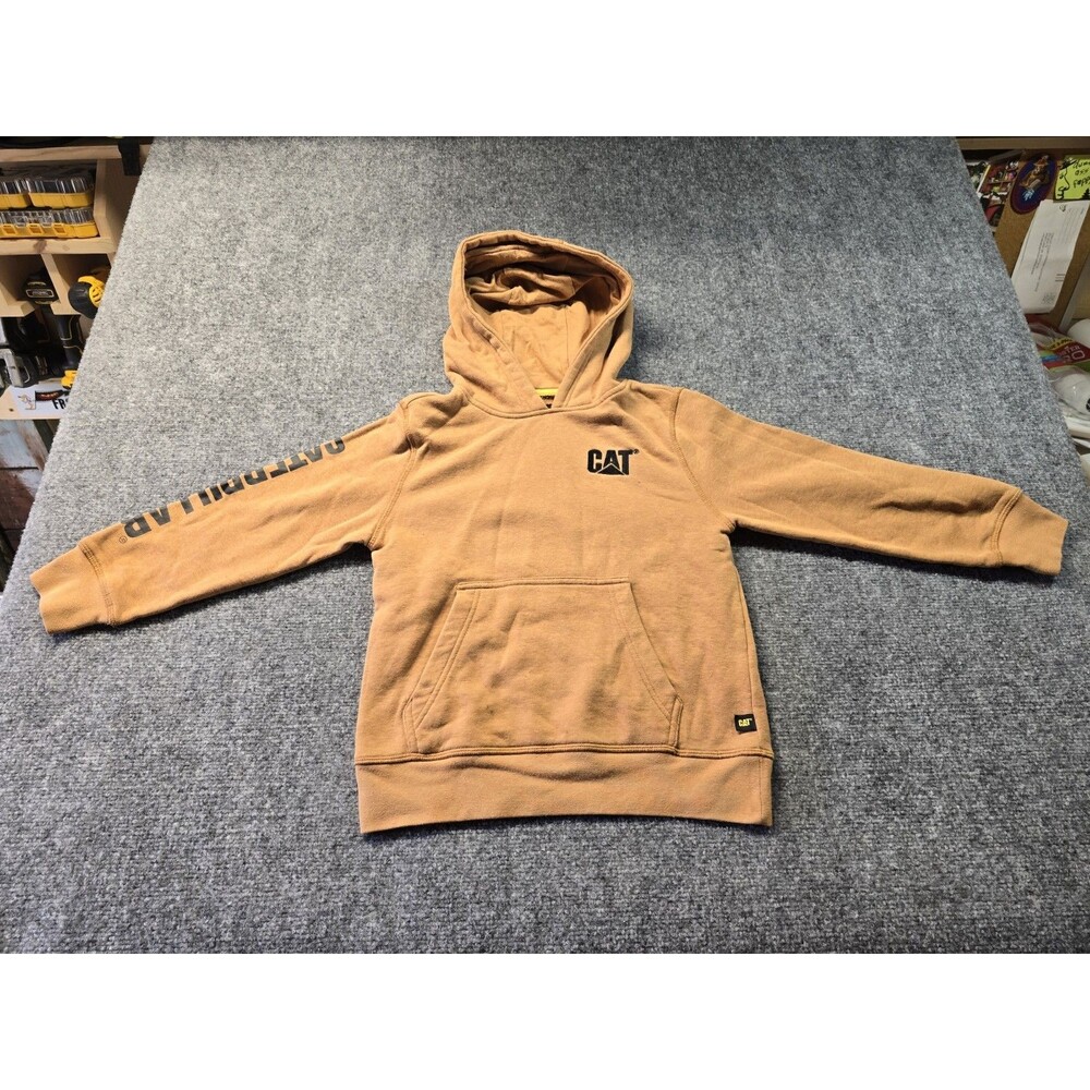 Caterpillar CAT Kids Hoodie Beige Logo Pullover Sweatshirt Size 7/8
